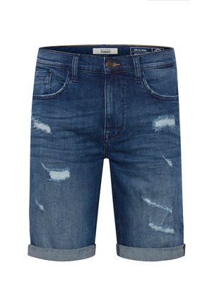 Short en jean bleu usé, avec passants de ceinture, poches avant, fermeture par bouton, zones déchirées et ourlets retroussés.
