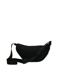 Borsetta in tessuto nero con tracolla regolabile e chiusura con zip superiore, progettata per un trasporto comodo e a mani libere.