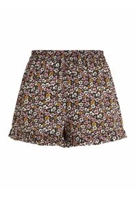 Shorts à taille élastique avec imprimé floral composé de petites fleurs roses, blanches et orange sur un fond sombre, avec un détail de bordure volantée.