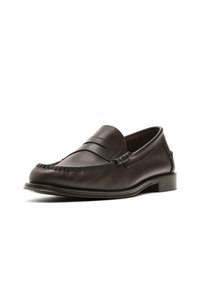 Dark brown leather men's loafer with penny strap detail, stitching around toe, and low heel on white background.