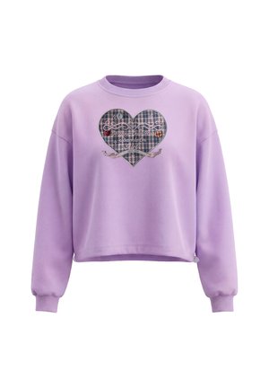 Lilla langærmet cropped sweatshirt med ribstrikkede manchetter og et ternet hjerte med teksten "Be Your Own Team Sparkle On Girl."