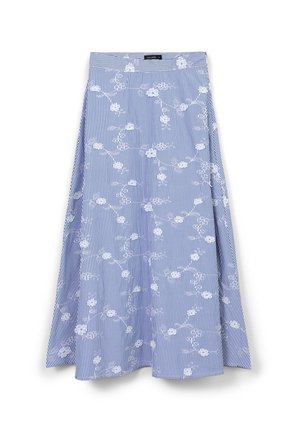 Gonna a righe blu e bianche con ricamo floreale, lunghezza media, design svasato, tessuto morbido e vita aderente.