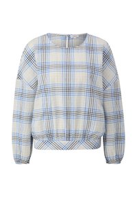 Blouse beige à manches longues avec motif à carreaux bleu et noir, encolure ronde, poignets élastiques et ourlet à bande élastique.