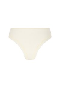 Rippengestrickte Unterhose in Blassgelb mit gezackten Spitzenrändern. Verfügt über ein Low-Rise-Design und eine weiche Textur für Komfort.