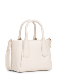 Λευκή δομημένη τσάντα χειρός από λείο συνθετικό υλικό, με δύο πάνω λαβές και αποσπώμενο ιμάντα ώμου.