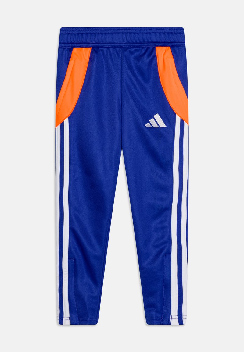 Blue athletic pants with orange side panels and white stripes. Made of smooth fabric, featuring an elastic waistband and discreet pockets.