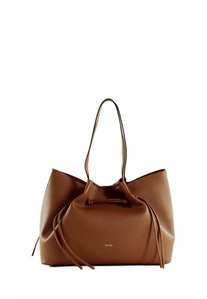 Brown leather tote bag with long handles, drawstring closure, and small silver logo on front center.