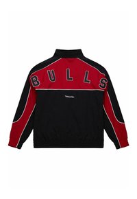 Black and red windbreaker jacket with a high collar, featuring large "BULLS" lettering on the back and white accent lines. Elastic hem and cuffs.