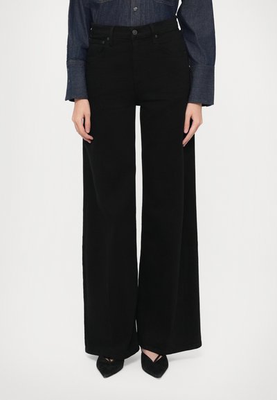 Black wide-leg trousers made of a smooth fabric with a high waist, adorned with front pockets and a single-button closure.