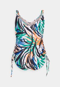 Maiô de uma peça com um padrão vibrante de folhas tropicais multicoloridas, alças ajustáveis e franzidos laterais para um ajuste lisonjeiro.