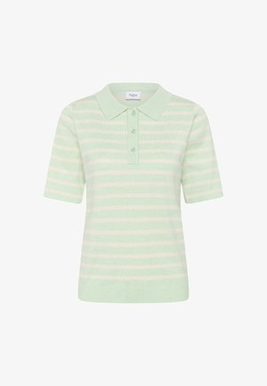 Krátky rukáv, polo tričko s mätovo zelenými a bielymi vodorovnými pruhmi, tromi gombíkmi a skladaným golierom.