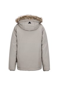 Jasnoszara kurtka zimowa z przymocowanym kapturem wykończonym sztucznym futrem, pokazana z tyłu, z długimi rękawami i ściągaczami na mankietach.