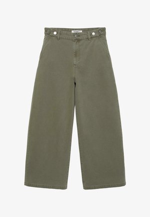 Széles szárú, olívazöld nadrág magas derékkal, elülső gombos és cipzáras záródással, övtartókkal és oldalzsebekkel.