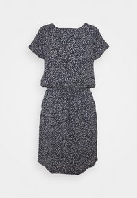 Robe à manches courtes florale en bleu marine avec des fleurs blanches et bleu clair, dotée d'une taille élastique et d'une coupe décontractée. Texture de tissu douce.