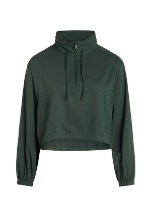 Tume roheline lühike kampsun pikkade varrukatega, elastsete mansettidega, kõrge krae, pool lukuga ees, paelad ja kaks esimest lukuga taskut.