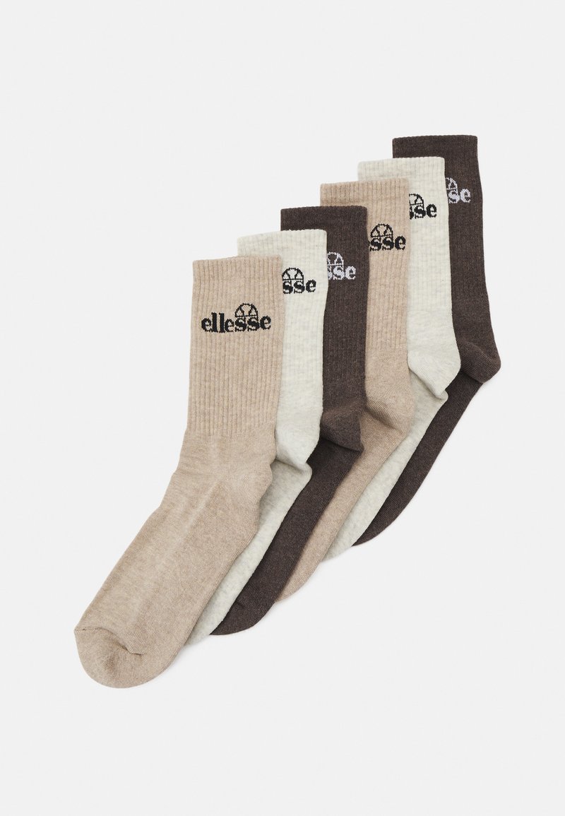 Confezione di sei paia di calze a coste in diverse tonalità neutre, tra cui beige chiaro, crema e marrone scuro, con il logo ellesse sul polsino.