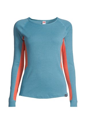 Lange mouwen top in lichtblauwe stof met oranje textuurpanelen aan de zijkanten. Heeft een ronde halslijn en een slim fit ontwerp. Etiket zichtbaar aan de zoom.