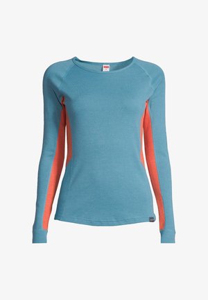 Langarmoberteil aus hellblauem Stoff mit orangefarbenen, strukturierten Seitenpanelen. Mit einem runden Halsausschnitt und taillierter Passform. Etikett am Saum sichtbar.