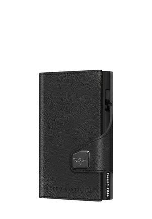 Black leather wallet with a textured finish, featuring a silver logo accent and a secure closure. Compact rectangular shape with curved edges.