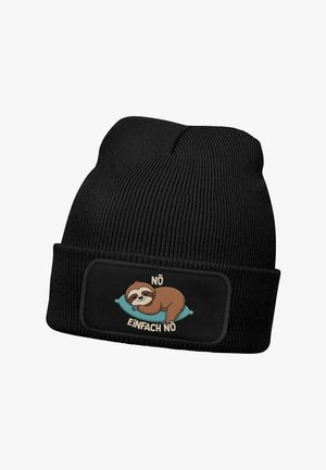 Black knitted beanie featuring a cartoon sloth graphic on a rectangular patch, with the text "NÖ EINFACH NÖ" above and below the sloth.