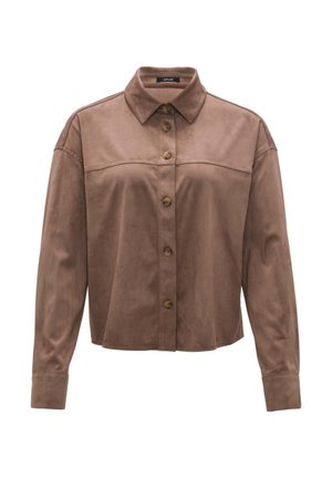 Brown suede shirt jacket with a collar, button closure, and long sleeves. Features a structured design and smooth texture.