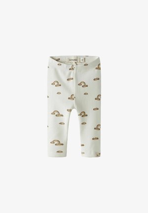 Leggings pour enfant de couleur crème clair, avec un motif de nuages bruns et de contours d'arc-en-ciel. Tissu doux avec une taille élastique.