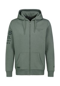 Grüne Zip-Hoodie aus weichem Stoff, mit Kapuze mit Kordelzug, Kängurutaschen und bedrucktem Text auf dem Ärmel und der Brust.