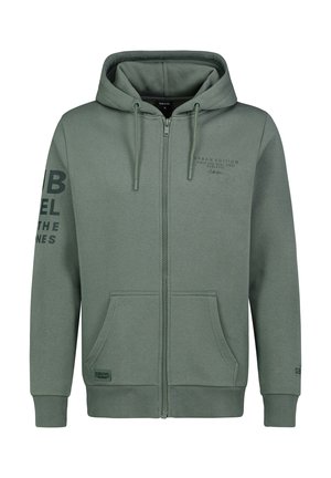 Grüne Zip-Hoodie aus weichem Stoff, mit Kapuze mit Kordelzug, Kängurutaschen und bedrucktem Text auf dem Ärmel und der Brust.