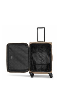 Valigia con ruote realizzata in tessuto beige testurizzato, con un interno nero a motivi diagonali, una tasca con zip e cinture regolabili.