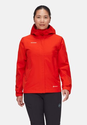 Red waterproof jacket made of Gore-Tex fabric, featuring a hood, zippered pockets, and a subtle logo on the chest.