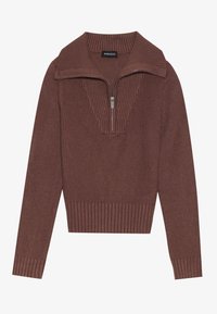 Pull marron côtelé avec un col haut et une demi-fermeture éclair à l'avant, manches longues et taille cintrée. Tissu tricoté texturé sur toute la surface.