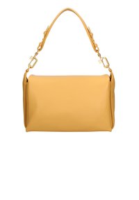 Sac à main en cuir jaune de forme structurée, avec une anse supérieure arrondie et des accents en métal doré. Texture lisse, design minimaliste.