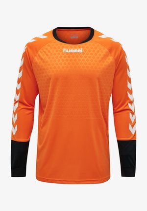 Langärmliges Sporttrikot aus leuchtend orangefarbenem Stoff mit strukturiertem Muster, schwarzen Akzenten an den Ärmeln und weißem Chevron-Design.