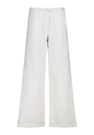 Pantalones de pierna ancha en gris claro, fabricados con una suave mezcla de algodón. Incluyen una cinturilla elástica con cordón para un ajuste ajustable.