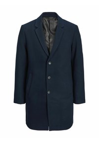 Marinblå ullrock med skräddarsydd krage, fem knappar, en bröstficka och två sidofickor. Slät satinfodring synlig.