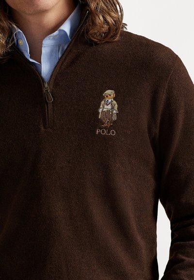 Rjav pleten pulover s četrtinskim zadrgo, ki ima izvezenega medveda v oblačilih in logotip "POLO" na prsih.