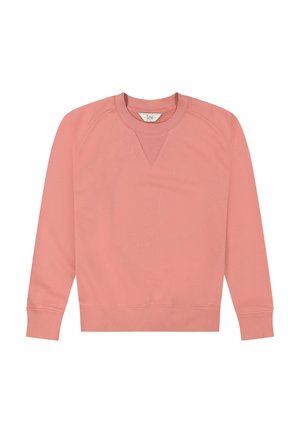 Lichtroze sweatshirt met ronde hals en lange mouwen, geribbelde manchetten en zoom, en een klein driehoekig geribd detail onder de kraag.