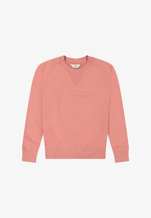 Lichtroze sweatshirt met ronde hals en lange mouwen, geribbelde manchetten en zoom, en een klein driehoekig geribd detail onder de kraag.