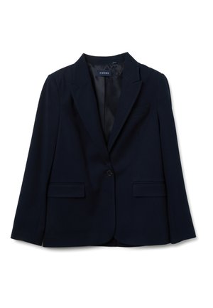 Marineblauer Blazer aus gewebtem Stoff, mit Reverskragen, Ein-Knopf-Verschluss, zwei Vordertaschen und glattem Innenfutter.
