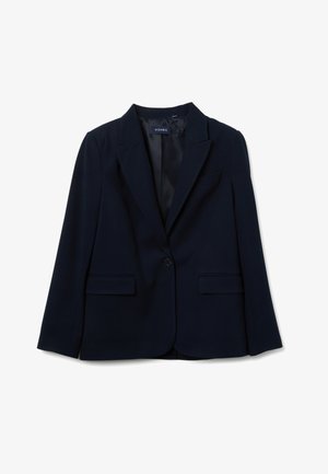 Marineblauer Blazer aus gewebtem Stoff, mit Reverskragen, Ein-Knopf-Verschluss, zwei Vordertaschen und glattem Innenfutter.