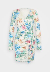 Robe à manches longues à fleurs, avec des fleurs bleues et roses sur un fond crème, fronces sur le côté et un détail à nouer à la taille.