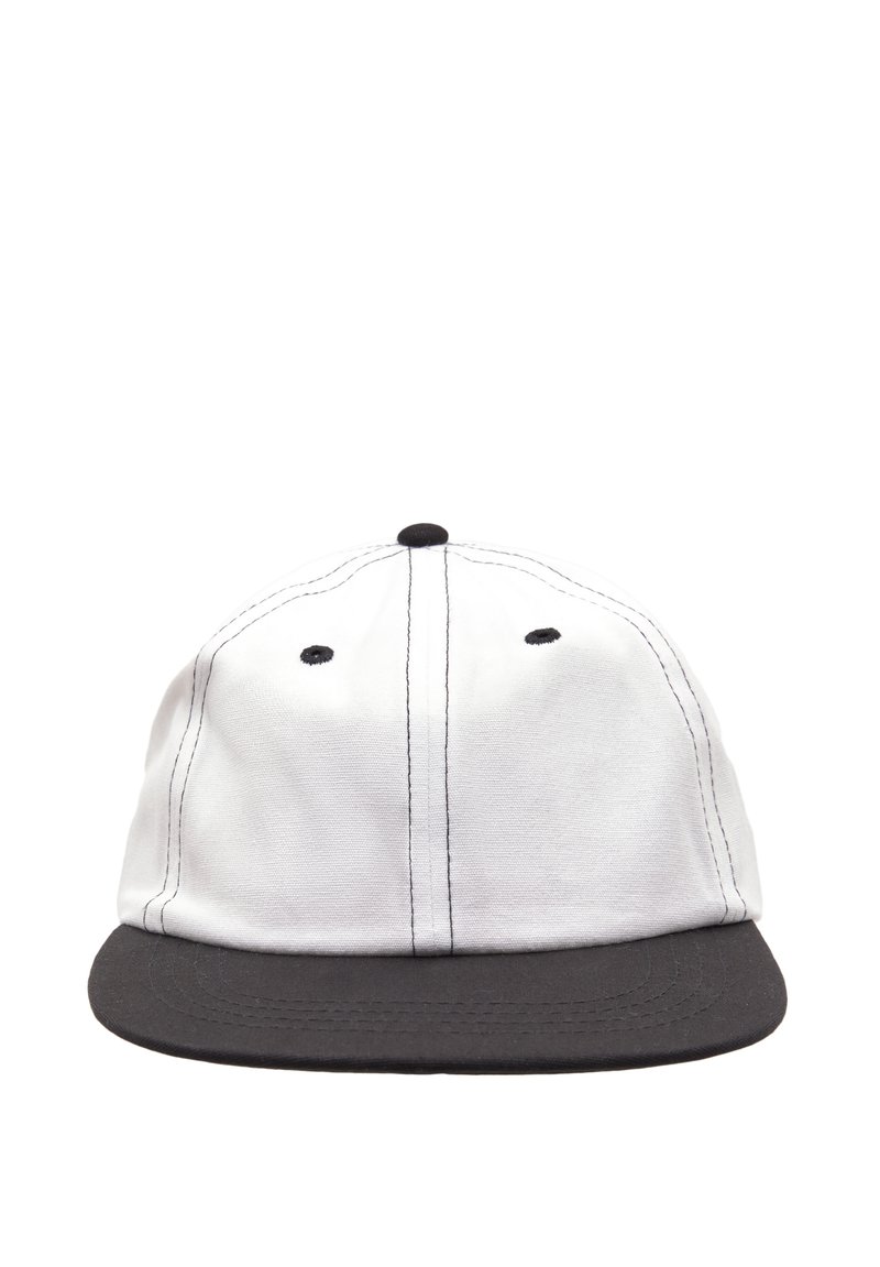 White fabric cap with a black flat brim. Features include black stitching and ventilation eyelets on the crown. No logos or patterns present.