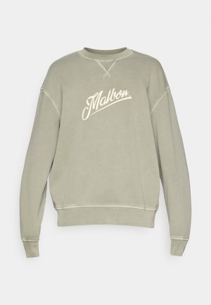 Olive green sweatshirt with a crew neck, loose fit, and ribbed cuffs; features a white cursive "Malbon" logo across the chest.