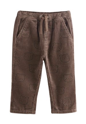 Braune Cordhosen mit gerippter Textur und Bärenmotiv. Elastischer Bund mit Kordelzug, zwei seitliche Taschen.