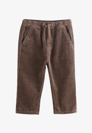 Rudos korduroy kelnes su gilu tekstūra ir meškos veido raštu. Elastinė juosmens juosta su raišteliu, dvi šoninės kišenės.