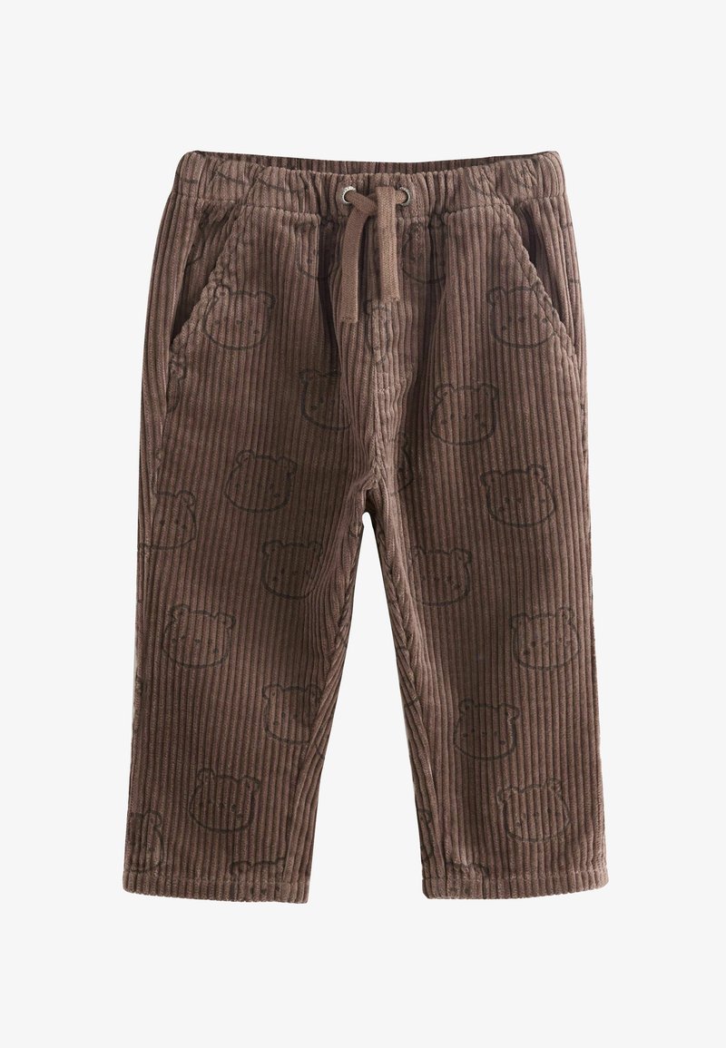 Pantalons en velours côtelé marron présentant une texture côtelée et un motif de visage d'ours. Taille élastique avec cordon de serrage, deux poches latérales.