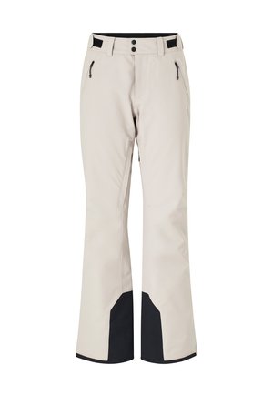 Beige skibukser med sorte detaljer, to lynlåslommer, en tætsiddende talje med knaplukning og vid ben.