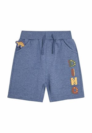 Blue cotton shorts with an elastic waistband, featuring a dinosaur patch on the pocket and colorful "DINO" lettering on the side.