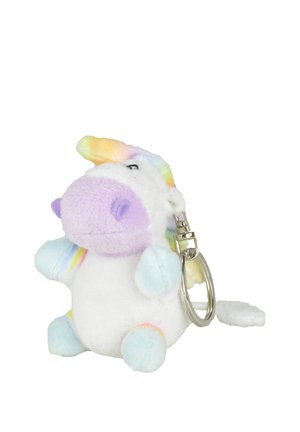 Small plush unicorn keychain with pastel rainbow mane, purple snout, light blue limbs, and white body, attached to a metal ring.