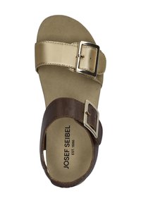 Braune Ledersandale mit goldener Riemen, ausgestattet mit zwei Schnallen und einer gepolsterten Fußbett. Entworfen für Komfort und Unterstützung.